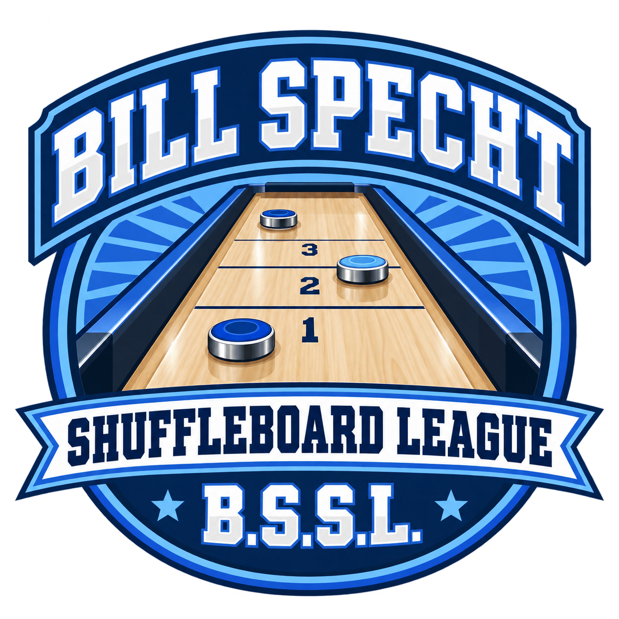 Bill Specht Shuffleboard League badge featuring a shuffleboard table and blue pucks